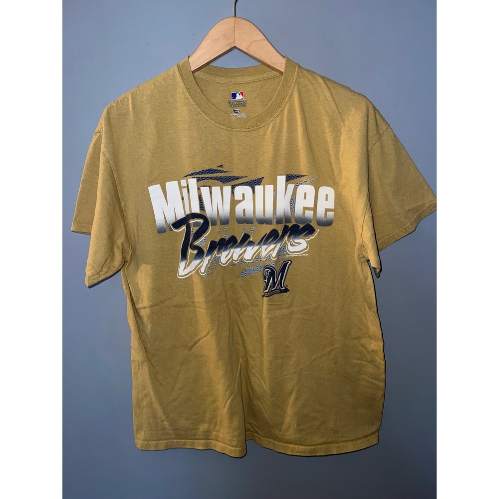 MLB Milwaukee Brewers Graphic T-Shirt Gold Mustard Yellow Mens Large L Short Slv